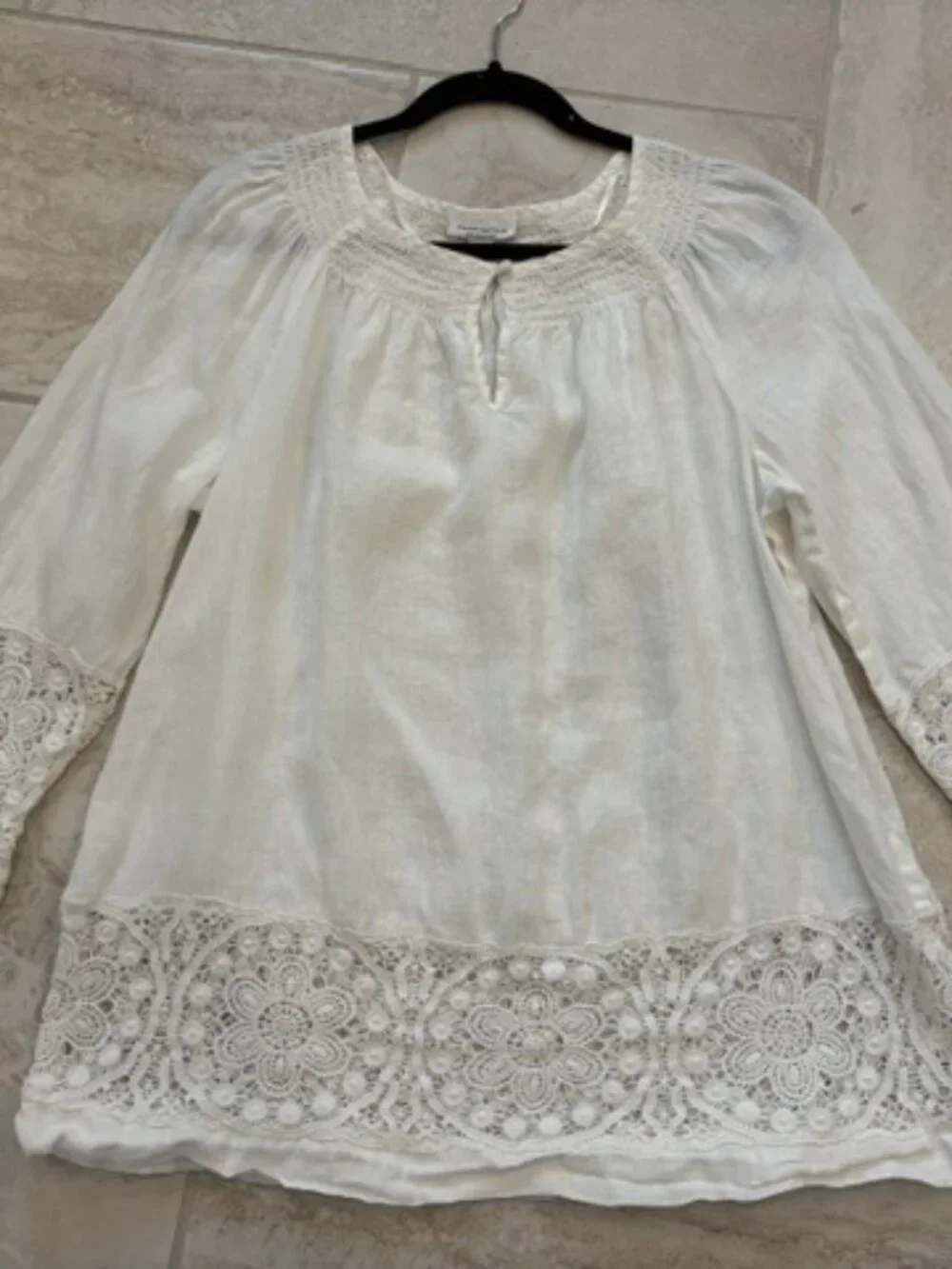 Charter Club Weekend Women's White 100% Linen Lace Trim Blouse XL Boho Coastal